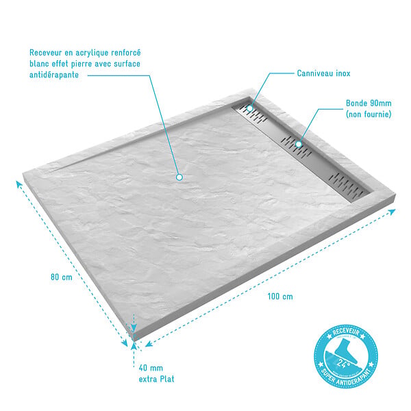 AURLANE - Receveur en acrylique Blanc Effet Pierre 80x100x4 cm - Grille Linéaire Chrome - MOON - large