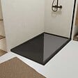 AURLANE - Receveur en acrylique Noir Effet Pierre 80x120x4 cm + Grilles Linéaires Chrome et Noire Mate - vignette