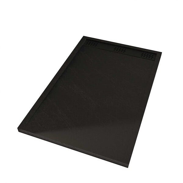 AURLANE - Receveur en acrylique Noir Effet Pierre 80x120x4 cm + Grilles Linéaires Chrome et Noire Mate - large