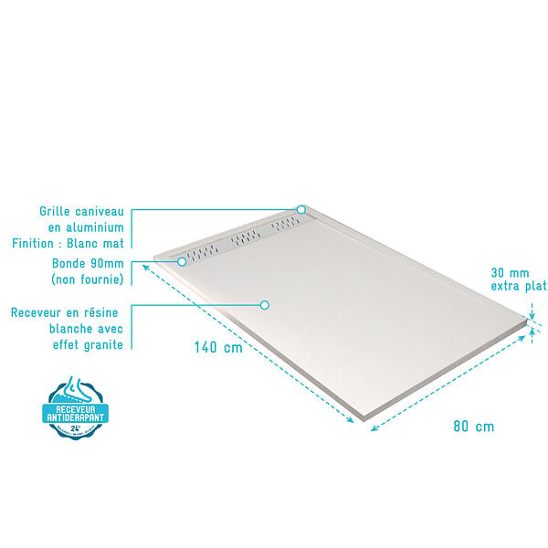 AURLANE - Receveur de douche en résine blanc 80x140x3 cm effet pierre granit + grille linéaire blanche mate - large
