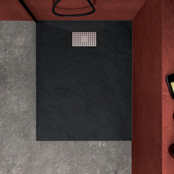 AURLANE - Receveur de douche Noir Effet Pierre 80x100 cm et Grille décor Perforée en Inox - large