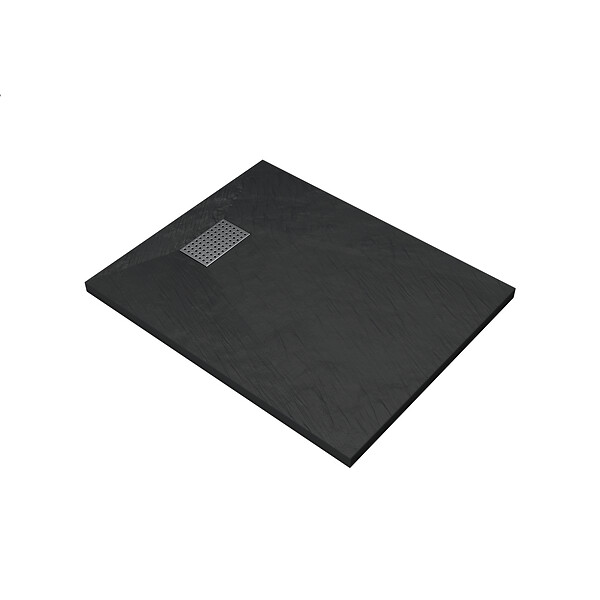 AURLANE - Receveur de douche Noir Effet Pierre 80x100 cm et Grille décor Perforée en Inox - large