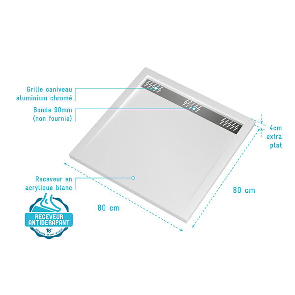 AURLANE - Receveur en acrylique Blanc 80x80x4 cm - Grille Linéaire Chrome - WHITENESS II - large