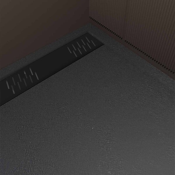 AURLANE - Receveur de douche en résine noir 90x140x3 cm effet pierre granit + grille linéaire noire mate - large