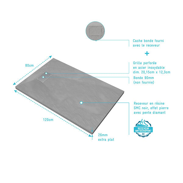 AURLANE - Receveur de douche Gris Effet Pierre 80x120 cm et Grille décor Perforée en Inox - large