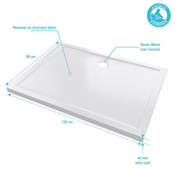 AURLANE - RECEVEUR DE DOUCHE A POSER EXTRA-PLAT ACRYLIQUE BLANC RECTANGLE -120x90cm - large