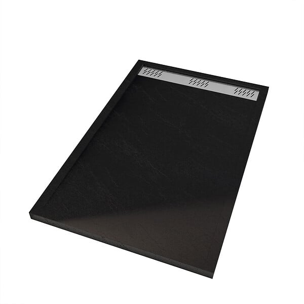 AURLANE - Receveur en acrylique Noir Effet Pierre 80x120x4 cm - Grille Linéaire Chrome - METEORA - large