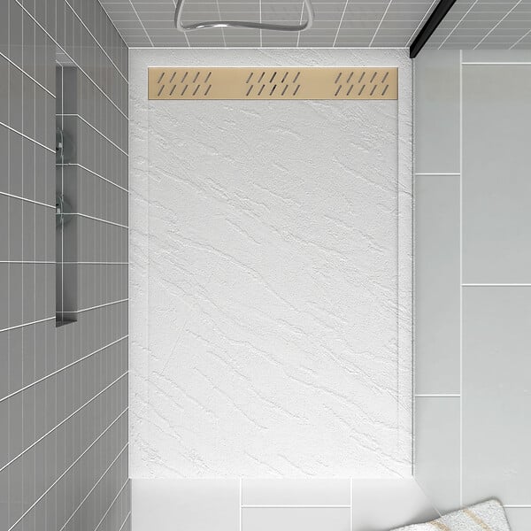 AURLANE - Receveur en acrylique Blanc Effet Pierre 80x140x5 cm + Grilles Linéaires Chrome et Or Brossé - MOON - large