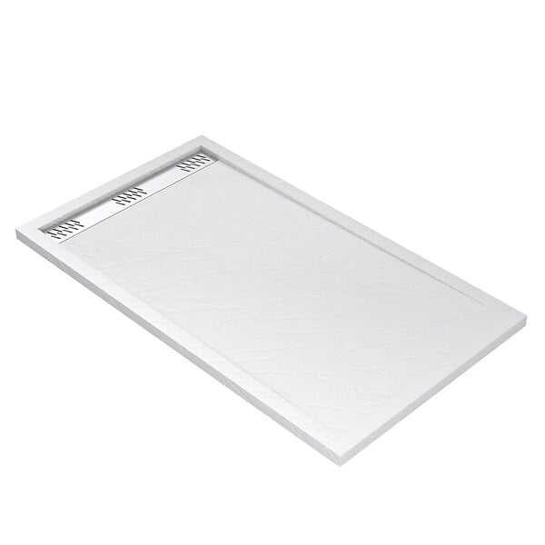 AURLANE - Receveur en acrylique Blanc Effet Pierre 80x140x5 cm - Grille Linéaire Chrome - MOON - large