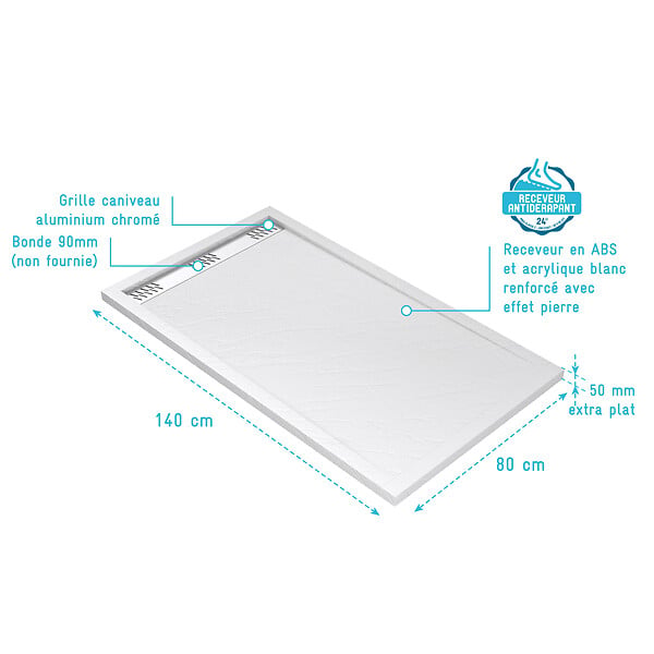 AURLANE - Receveur en acrylique Blanc Effet Pierre 80x140x5 cm - Grille Linéaire Chrome - MOON - large