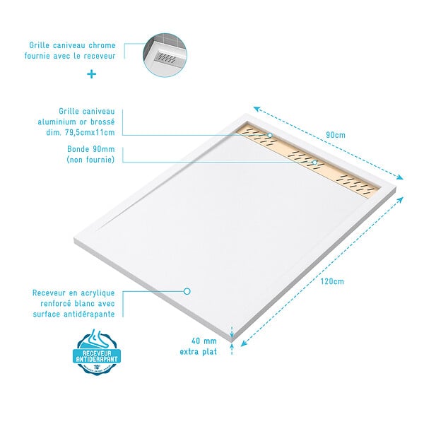 AURLANE - Receveur en acrylique Blanc 90x120x4 cm + Grilles Linéaires Chrome et Or Brossé - WHITENESS II - large