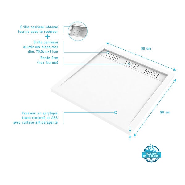 AURLANE - Receveur en acrylique Blanc 90x90x4 cm + Grilles Linéaires Chrome et Blanche Mate - large