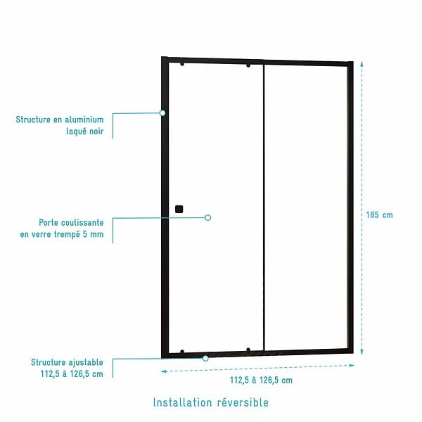 AURLANE - Porte de douche coulissante Noir 120x185cm - Extensible de 112.5 à 126.5 cm - BLACK SLIDE 120 - large