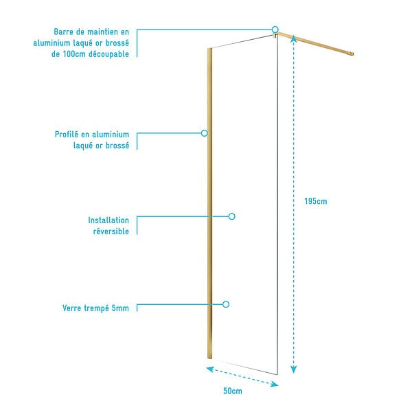 AURLANE - Paroi de Douche 50x195 cm en Verre Trempé 5 mm - Finition Or Brossé - GOLD ELEMENTARY - large