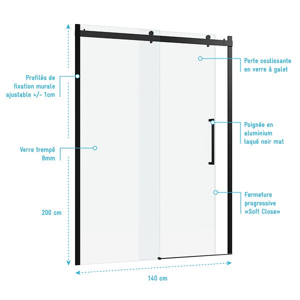 AURLANE - Porte de douche 140x200cm type industriel coulissante NOIR MAT - verre trempe 8mm - large