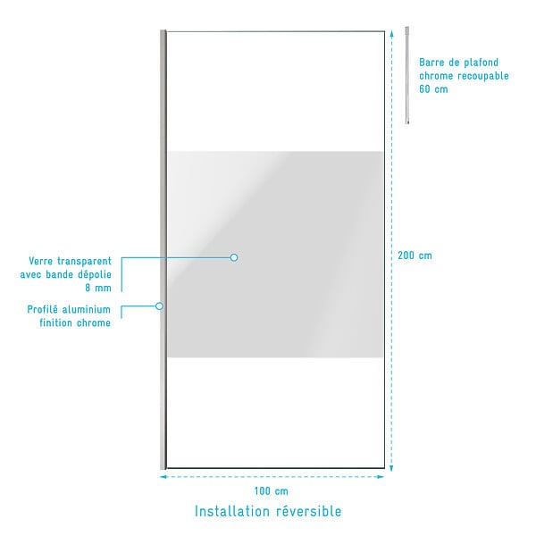 AURLANE - Paroi de Douche 100x200cm Dépolie - Profilé + Barre Plafond Finition Chrome - FREEDOM 2 FROSTED - large