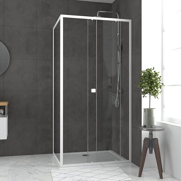 AURLANE - Pack porte de douche Coulissante blanc 100x185cm + retour 80 verre transparent 5mm - WHITY slide 100 - large