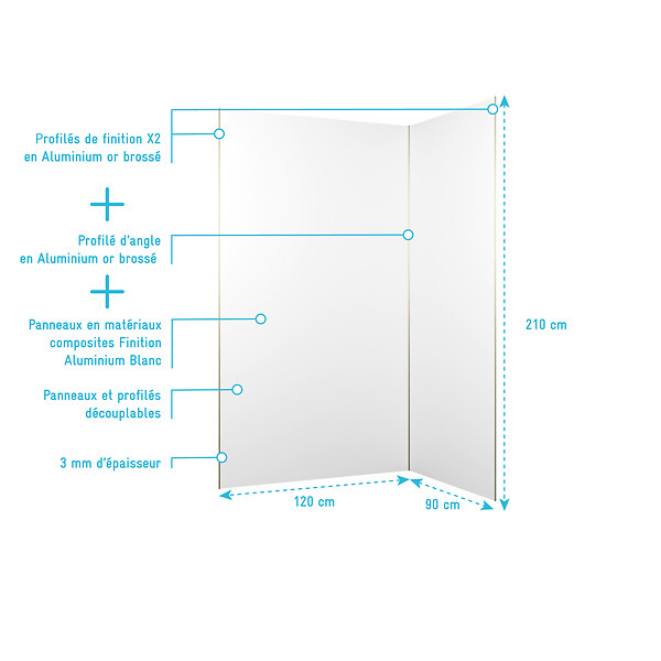AURLANE - Pack 2 Panneaux Muraux en Aluminium Blanc 120+90x210 cm + Profilés Or Doré Brossé - large