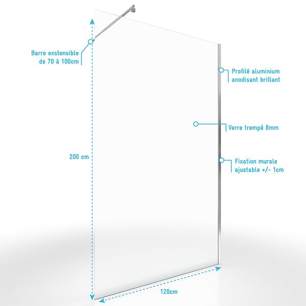 AURLANE - Paroi de Douche 120x200cm Verre Transparent - Barre de Fixation Extensible et Profil Chrome - large