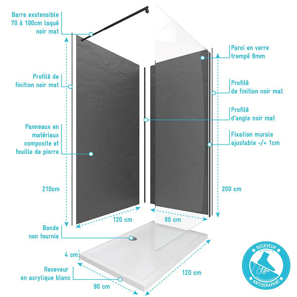 AURLANE - Pack douche à l'Italienne Receveur 90x120 + Paroi transparente + Panneaux muraux finition ardoise - large