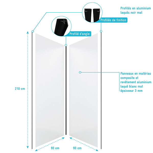 AURLANE - Pack de 2 Panneaux Muraux Aluminium BLANC 90+90x210 cm avec Profilés NOIR MAT - WALL'IT - large