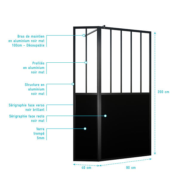 AURLANE - Paroi de Douche Façon Verrière avec Volet Pivotant - 90+40x200 cm - Verre Transparent et Noir - large