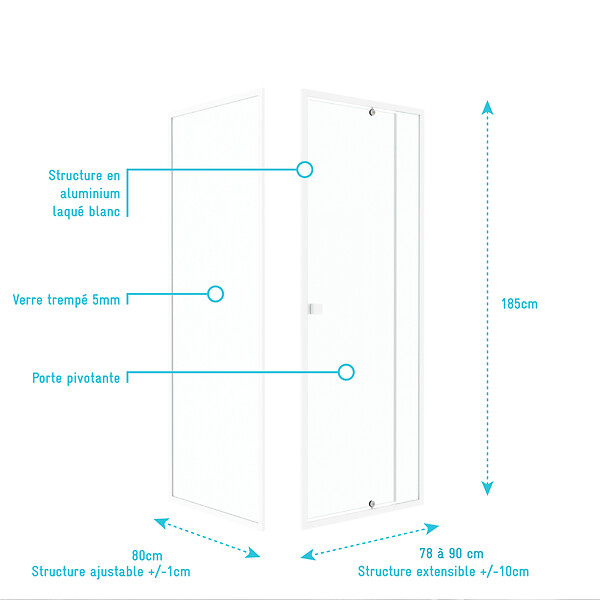 AURLANE - Pack porte de douche pivotante blanc de 78 à 90x185cm + retour 80 verre 5mm - WHITY PIVOT - large