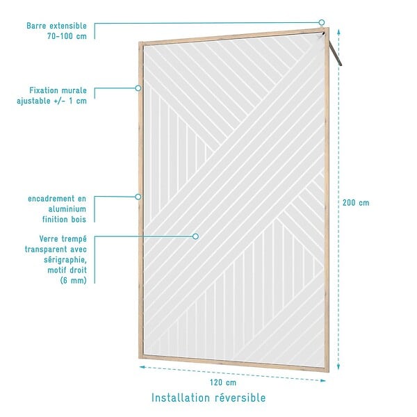 AURLANE - Paroi de douche 120x200 HINATA - Style Japandi Geometrique - Cadre Effet Bois - Verre 6mm - large