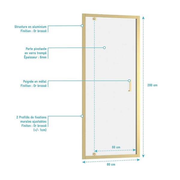 AURLANE - Porte de douche Pivotante 80x200cm - Profilés Or Doré Brossé - Verre Trempé 6mm - GOLDY CRUSH - large