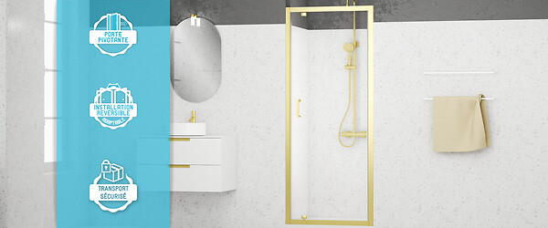 AURLANE - Porte de douche Pivotante 80x200cm - Profilés Or Doré Brossé - Verre Trempé 6mm - GOLDY CRUSH - large