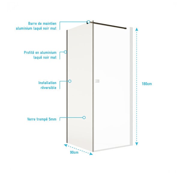 AURLANE - Paroi de retour 90x180 cm pour Porte de Douche - Verre Trempe 5mm - Finition Noire - DARK ELEMENTARY - large