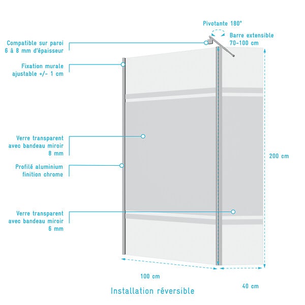AURLANE - Paroi de Douche et Volet Pivotant 100+40x200 cm - Bandeau Miroir - Barre de Fixation Chrome - large