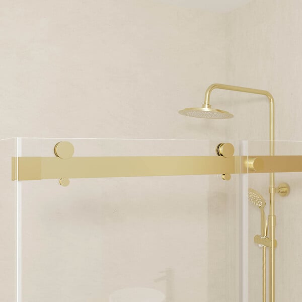AURLANE - Porte de Douche Coulissante Type Industriel 140x200 cm - Finition Or Doré Brossé - Verre Trempé 6 mm - large