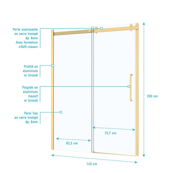 AURLANE - Porte de Douche Coulissante Type Industriel 140x200 cm - Finition Or Doré Brossé - Verre Trempé 6 mm - large