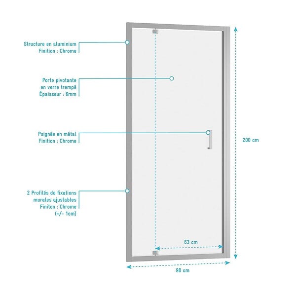 AURLANE - Porte de douche pivotante - 90x200 cm - Profilés Chrome - verre trempé 6 mm - CHROMED CRUSH - large