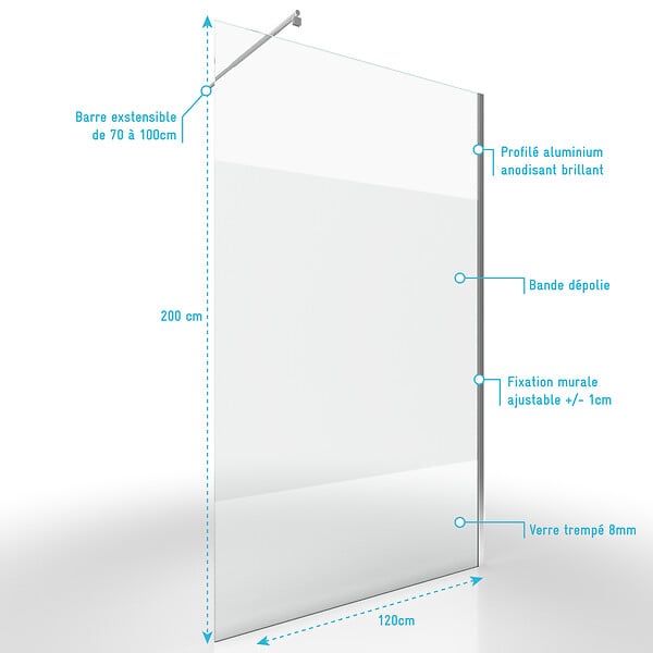 AURLANE - Paroi de Douche Dépolie 120x200cm + Barre de fixation extensible - Verre 8mm - Finition Chrome - large