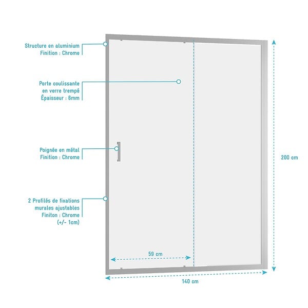 AURLANE - Porte de douche coulissante 140x200 cm - Verre transparent - Profilé Chrome - CHROMED CRUSH - large