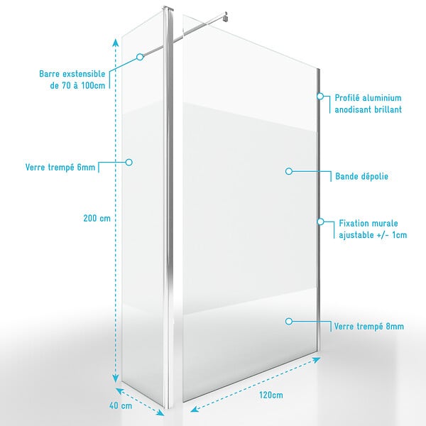 AURLANE - Paroi de Douche et Volet Pivotant 120+40x200 cm - Bande Dépolie - Barre de Fixation Chrome - large