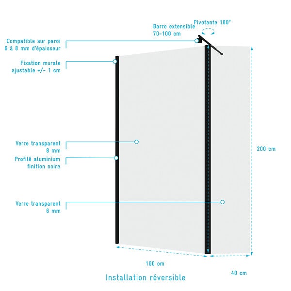 AURLANE - Paroi de Douche et Volet Pivotant 100+40x200 cm - Verre Transparent - Barre de Fixation Noire - large