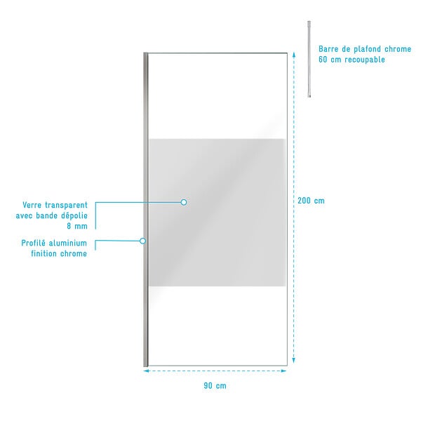 AURLANE - Paroi de Douche 90x200cm Dépolie - Profilé + Barre Plafond Finition Chrome - FREEDOM 2 FROSTED - large