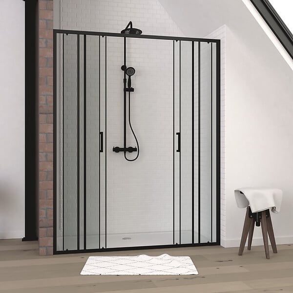 AURLANE - Paroi de douche à double porte coulissante 160x200 cm - Verre sérigraphié - Profilé Noir - large