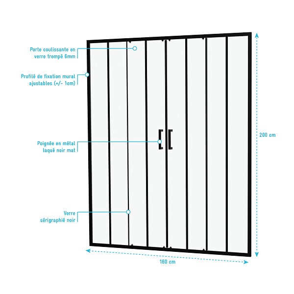 AURLANE - Paroi de douche à double porte coulissante 160x200 cm - Verre sérigraphié - Profilé Noir - large