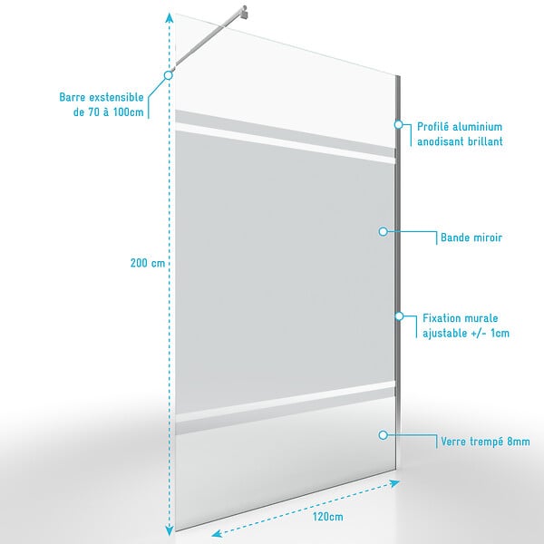AURLANE - Paroi de Douche 120x200cm - Bande Miroir - Barre de Fixation Extensible et Profil Chrome - large
