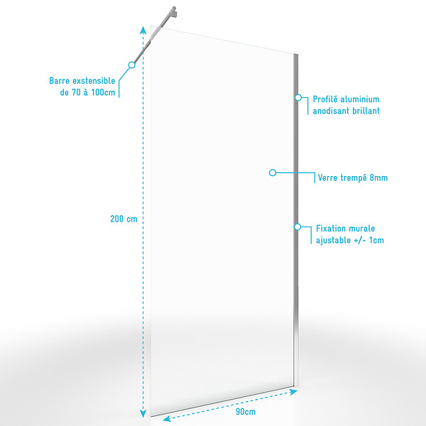 AURLANE - Paroi de Douche 80x200cm Verre Transparent - Barre de Fixation Extensible et Profil Chrome - large
