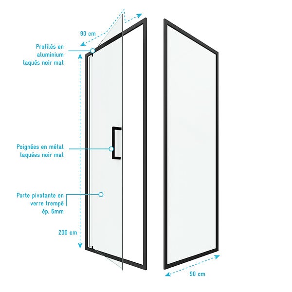 AURLANE - Porte de douche Pivotante et retour 90x90x200 - Profilés noir mat - CRUSH PIVOTANTE - large