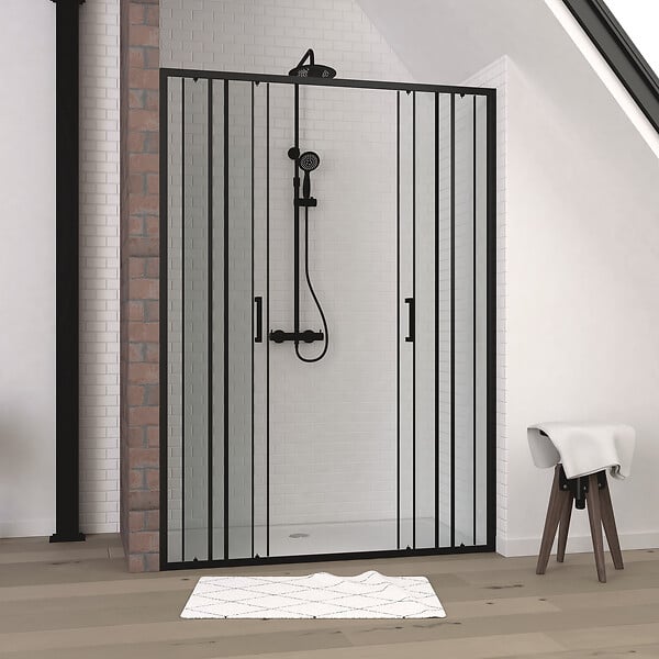 AURLANE - Porte de douche 2 portes coulissantes 140x200 cm - Verre sérigraphié - Profilé Noir - CRUSHX - large