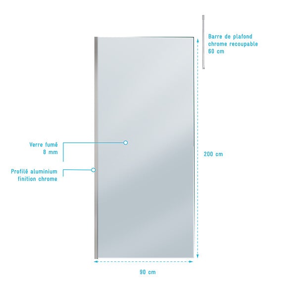AURLANE - Paroi de Douche 90x200cm Verre Fumé - Profilé + Barre Plafond Finition Chrome - FREEDOM 2 SMOKED - large