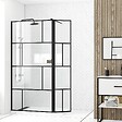 AURLANE - Paroi de douche avec pivot 100+40x195cm - Sérigraphie type Briques et Profilés Noir - DARK BLOCKS - vignette