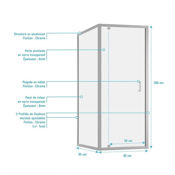 AURLANE - Porte de Douche Pivotante et Retour 90x90x200cm - Profilés Chrome - Verre trempé 6mm - large