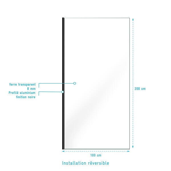 AURLANE - Paroi de Douche 100x200cm - Verre Trempé Transparent 8mm - Profilé Noir - FREEDOM 2 BLACK - large